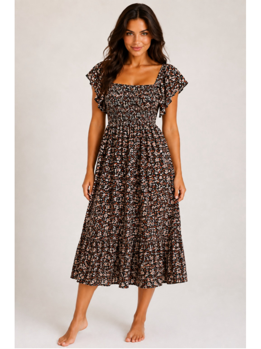 Elloh Floral Smocked Midi Dress Cottagecore Boho Prairie Renaissance Festival L